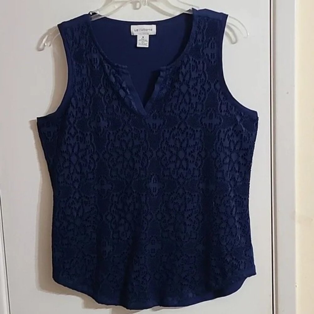 Liz Claiborne Women's Navy Floral Lace Front knit Back Tank Top - Size Medium